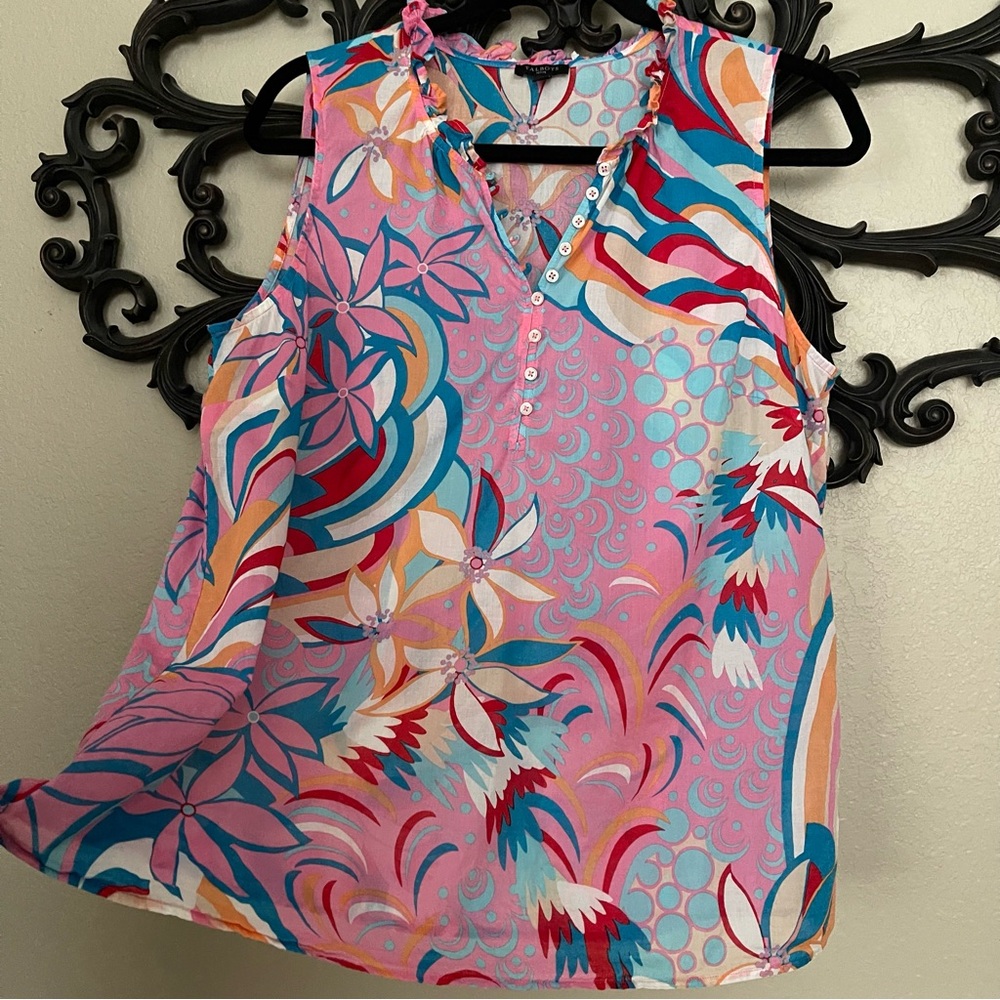 Talbots Top Sleeveless Button Front Ruffle Neckline Floral Size Large Petite